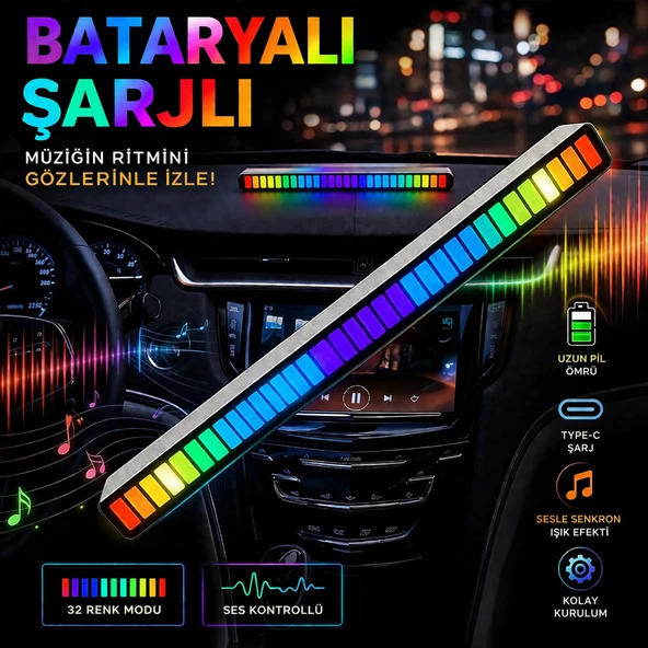 Araç İçi Müzik Ritmine Duyarlı RGB Ekolayzer LED Işık Çubuğu Bataryalı (1 ADET) ürün görseli 1