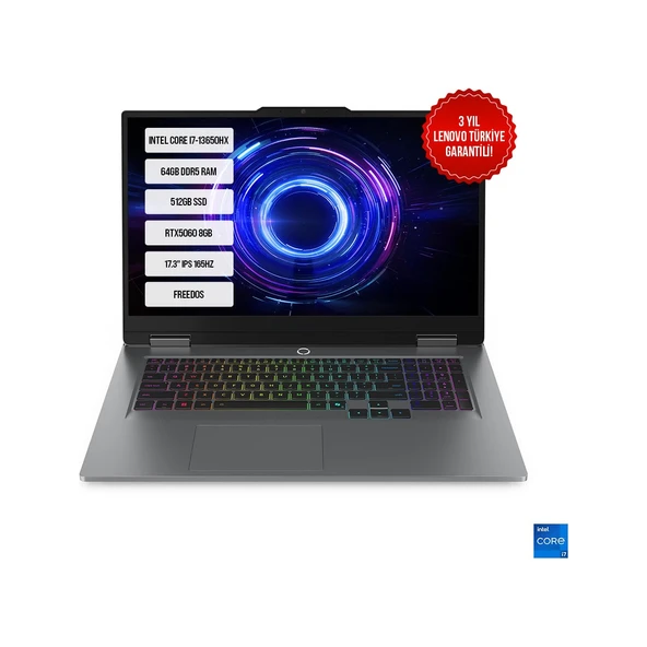 Loq 17IRX10 83JH006ETR-12 I7-13650HX 64GB Ddr5 512GB SSD RTX5060 8gb 17.3" IPS 165Hz Freedos Taşınabilir Bilgisayar ürün görseli 1