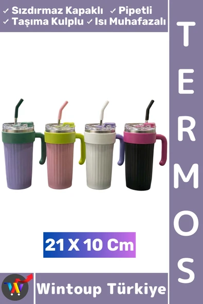 #Termos Kamp Outdoor Piknik Sızdırmaz Kapak Isı Muhafazalı Taşıma Kulp Pipetli Mug Termos 21 X 10 Cm ürün görseli 1