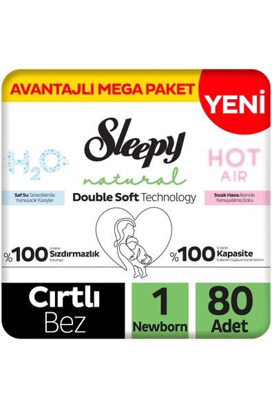 Sleepy Natural Double Soft Avantajlı Mega Paket Bebek Bezi 1 Numara Newborn 80 Adet ürün görseli 1
