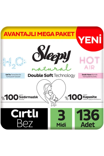 Sleepy Natural Double Soft Avantajlı Mega Paket Bebek Bezi 3 Numara Midi 136 Adet ürün görseli 1