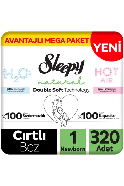 Sleepy Natural Double Soft Avantajlı Mega Paket Bebek Bezi 1 Numara Newborn 320 Adet ürün görseli 1