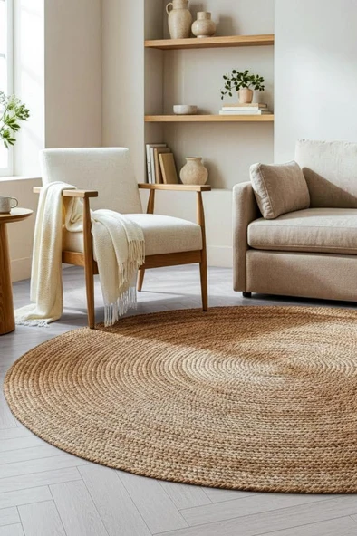 Digithome Jüt Hasır Yuvarlak Oturma Odası Yatak Odası Natural Halı 120 cm ürün görseli 1