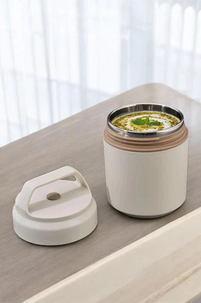 Digithome Bento Taşınabilir Paslanmaz Çelik Yemek Kabı Termosu Lunch Box Yuvarlak Bej 420Ml ürün görseli 1