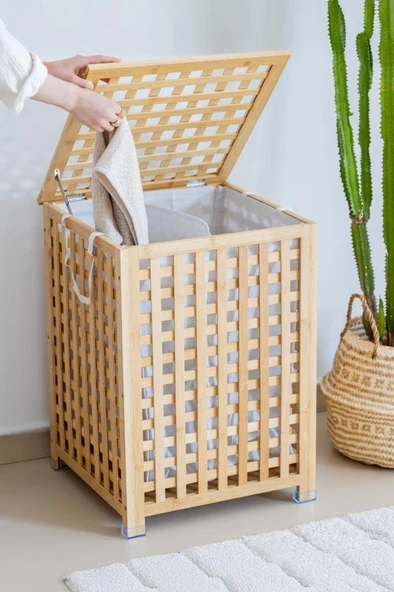 Digithome Bambu Bölmeli Çamaşır Sepeti 62x45 cm Kulplu Taşınabilir Bezli ürün görseli 1