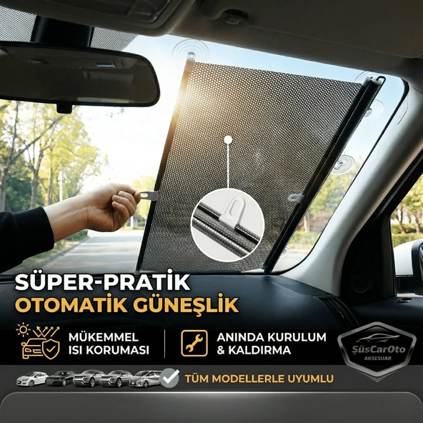 Oto Katlanır Stor Model Güneşlik Ön Arka Cam Gölgelik Siyah Noktalı Otomatik Sürgülü Yeni Nesil Güneş Koruyucu Oto Araba Suv Tır 68 cm x 125 cm ürün görseli 1