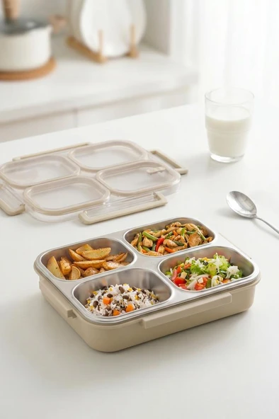 Digithome Bento Taşınabilir 4 Bölmeli Paslanmaz Çelik Yemek Kabı Termosu Lunch Box - Bej ürün görseli 1