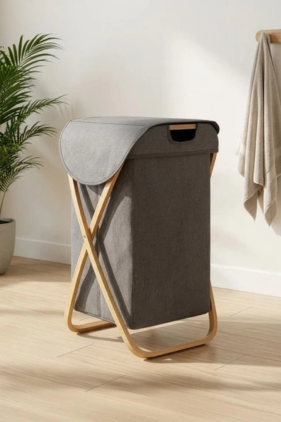 Digithome Bambu Çapraz Ayaklı Banyo Kirli Çamaşır Sepeti Banyo Düzenleyici Sepet ürün görseli 1