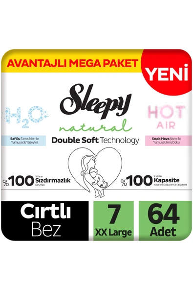 Sleepy Natural Double Soft Avantajlı Mega Paket Bebek Bezi 7 Numara Xxlarge 64 Adet ürün görseli 1