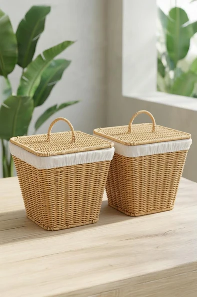 Digithome 2'li Kare Rattan Hasır Patates Soğan Sarımsak Meyve Sepeti Düzenleyici Organizer -9T01 ürün görseli 1