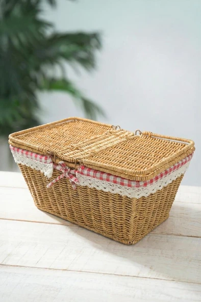 Digithome Kapaklı Rattan Vintage Dantelli Dikdörtgen Piknik Sepeti -9T14 U/6 ürün görseli 1