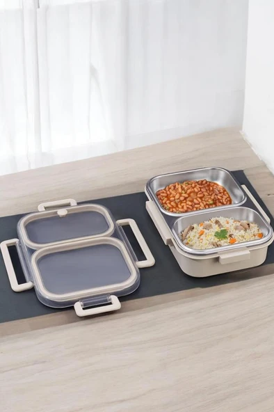 Digithome Bento 2 Bölmeli Taşınabilir Paslanmaz Çelik Yemek Kabı Termosu Lunch Box Dikdörtgen Bej 1000Ml ürün görseli 1