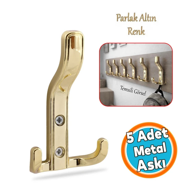 ( 5 Adet ) Portmanto Parlak Gold Dolap Askılık Duvar Askılığı Vestiyer Mutfak Elbise Kıyafet Askı ürün görseli 1