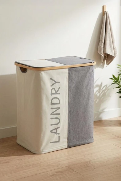 Digithome Bambu 2 Bölmeli Kirli Çamaşır Sepeti Banyo Düzenleyici Sepet 53,5X28 cm ürün görseli 1