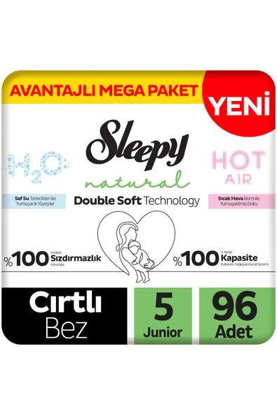 Sleepy Natural Double Soft Avantajlı Mega Paket Bebek Bezi 5 Numara Junior 96 Adet ürün görseli 1