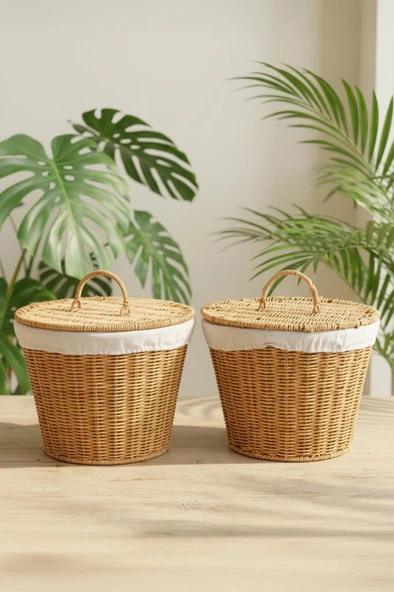 Digithome 2'li Yuvarlak Rattan Hasır Patates Soğan Sarımsak Meyve Sepeti Düzenleyici Organizer -9T02 ürün görseli 1