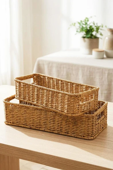 Digithome 2'li Dikdörtgen Hasır Rattan Organizer Sepet - BB6073 ürün görseli 1