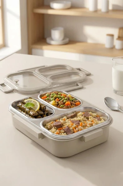Digithome Bento Taşınabilir 3 Bölmeli Paslanmaz Çelik Yemek Kabı Termosu Lunch Box - Bej ürün görseli 1