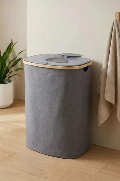 Digithome Bambu Kirli Çamaşır Sepeti Kapaklı Banyo Düzenleyici Sepet 37X23,5 cm ürün görseli 1