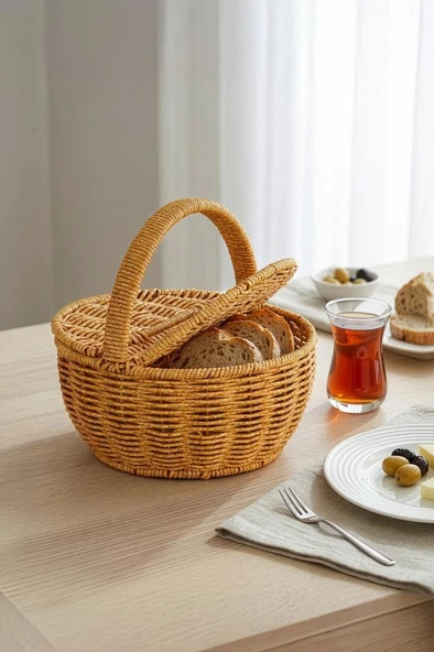 Digithome Yuvarlak Hasır Rattan Mini Kulplu Organizer Sepet - BB6068 ürün görseli 1