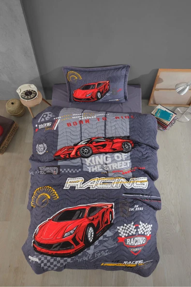 Clasy Ranforce %100 Pamuk Tek Kişilik Yatak Örtüsü Seti Racing Team Gri ürün görseli 1