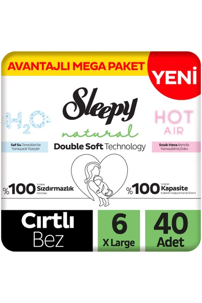 Sleepy Natural Double Soft Avantajlı Mega Paket Bebek Bezi 6 Numara Xlarge 40 Adet ürün görseli 1