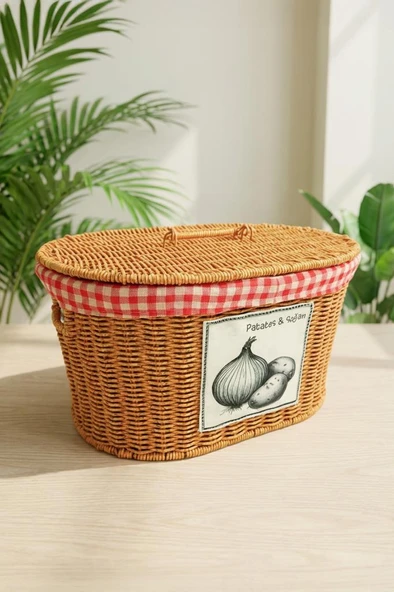 Digithome Oval Rattan Hasır Patates Soğan Çift Bölmeli Sepet Düzenleyici Organizer -9T03 ürün görseli 1