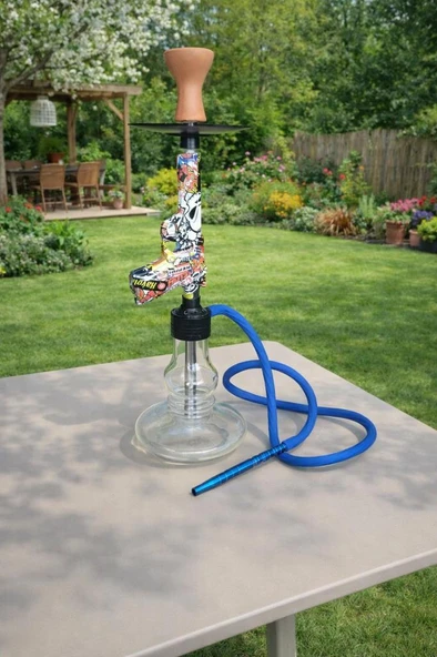 Cam Tabanlı Nargile 55 cm | 18 cm Geniş Taban | Modern Balkon & Teras Nargile Takımı Mavi Hortumlu ürün görseli 1