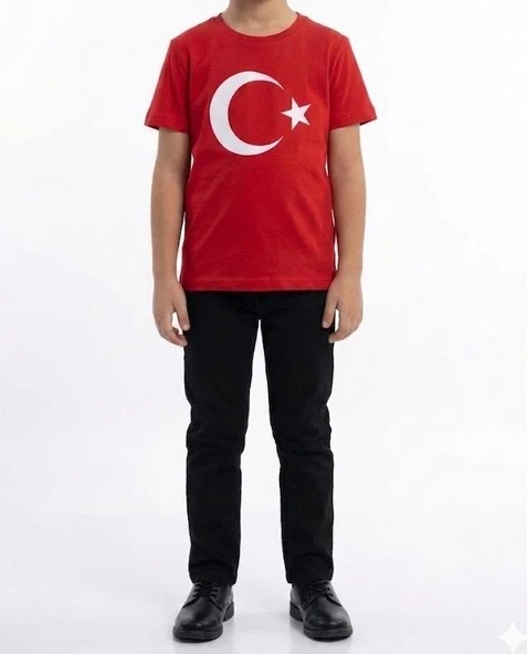 Erkek Çocuk Ay Yıldız Türk Bayraklı Kısa Kollu Tişört Kırmızı ürün görseli 1