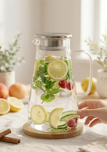 Dtox Süzgeç Metal Kapaklı Borosilikat Cam Sürahi 1.7 Litre ürün görseli 1