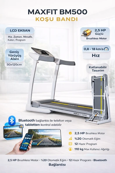 MAXFIT BM500 Otomatik Eğimli Koşu Bandı 2,5 HP Brushless Motor Bluetooth Destekli ürün görseli 1