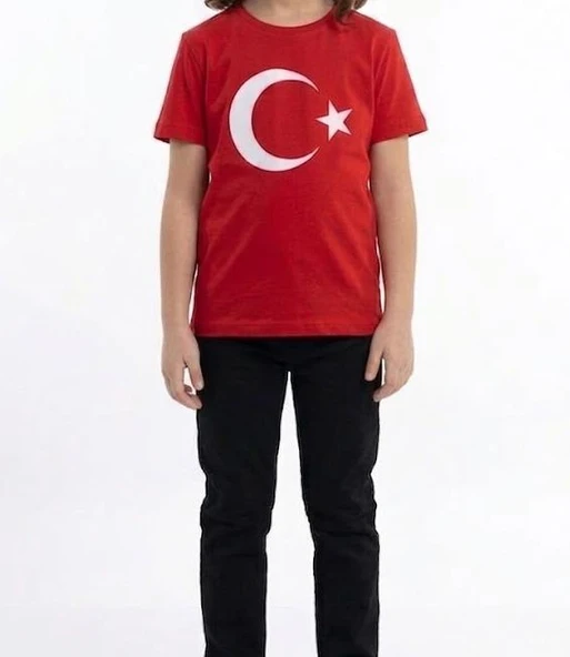 Kız Çocuk Ay Yıldız Türk Bayraklı Kısa Kollu Tişört Kırmızı ürün görseli 1