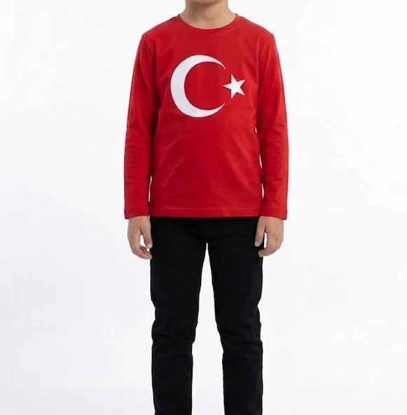 Erkek Çocuk Ay Yıldız Türk Bayraklı Uzun Kollu Tişört Kırmızı ürün görseli 1
