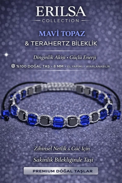 Sertifikalı Mavi Topaz Bileklik - 8 mm Küp Kesim Terahertz Doğal Taş Ayarlanabilir ürün görseli 1