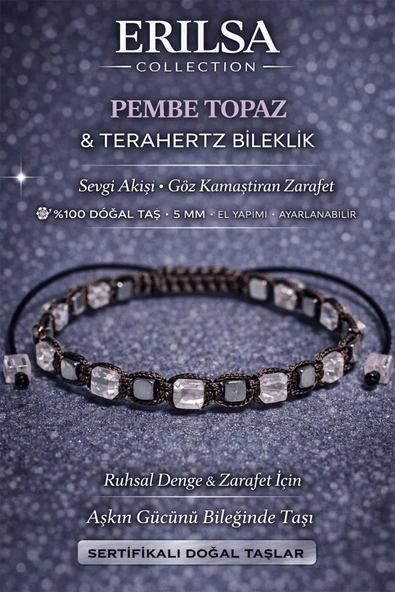 Sertifikalı Pembe Topaz Bileklik - 5 mm Küp Kesim Terahertz Doğal Taş Minimal Ayarlanabilir ürün görseli 1