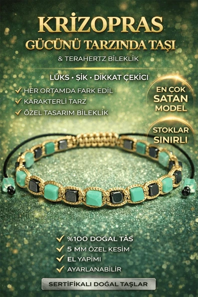 Sertifikalı Krizopras Taşı Bileklik - 5 mm Küp Kesim Terahertz Doğal Taş Ayarlanabilir Unisex ürün görseli 1
