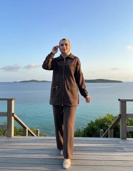 Nuss 1089 Çep Detayli Pantolonlu Takım - kahve ürün görseli 1