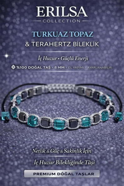 Sertifikalı Turkuaz Topaz Bileklik - 8 mm Küp Kesim Terahertz Doğal Taş Minimal Ayarlanabilir ürün görseli 1