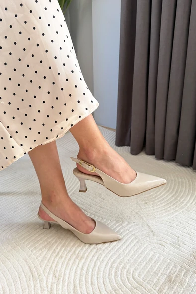 Kadın Flow Bej Ruhan Sivri Burunlu Kısa 5 cm Topuklu Rahat Şık Arkası Acık Stiletto Ayakkabı ürün görseli 1