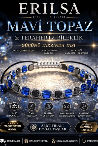Sertifikal Mavi Topaz Taşı Bileklik - 5 mm Küp Kesim Terahertz Doğal Taş Ayarlanabilir ürün görseli 1