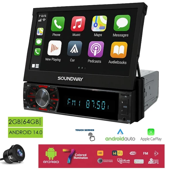 SOUNDWAY SW-10600 Android İndash Teyp 7 İnç 2+64GB Android 14 BT USB SD HD FM Mirrorlink Carplay ürün görseli 1