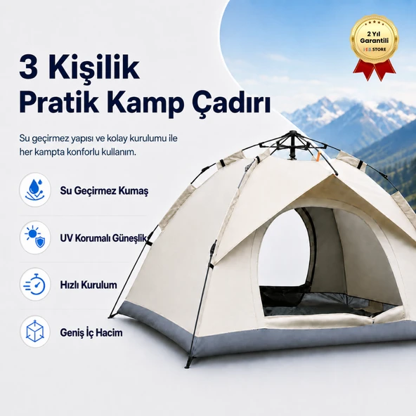 Otomatik Kamp Çadırı 200x150x120 cm Çift Katmanlı 3 Saniyede Kurulum Su Geçirmez 3 Kişilik ürün görseli 1