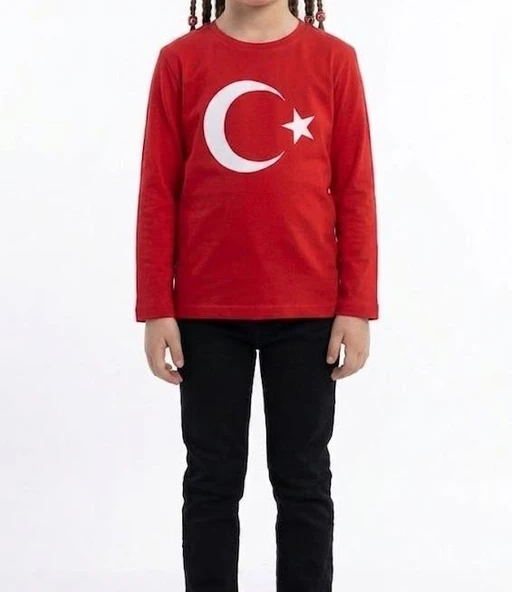 Kız Çocuk Ay Yıldız Türk Bayraklı Uzun Kollu Tişört Kırmızı ürün görseli 1