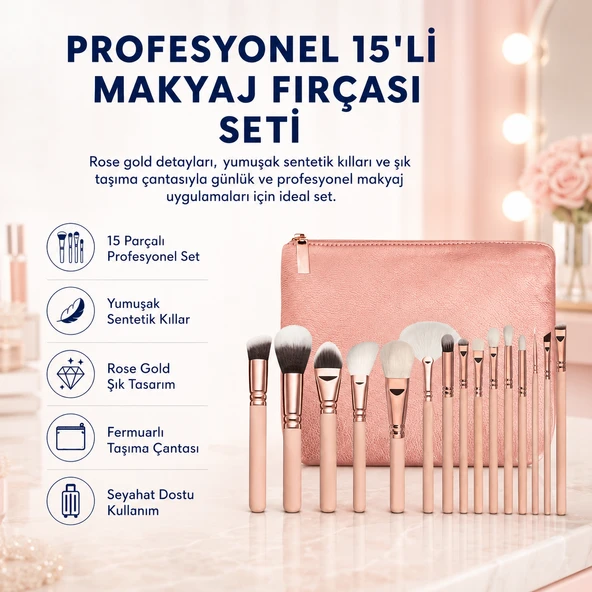 HZL Profesyonel Pembe 15'li Makyaj Fırçası Seti ürün görseli 1