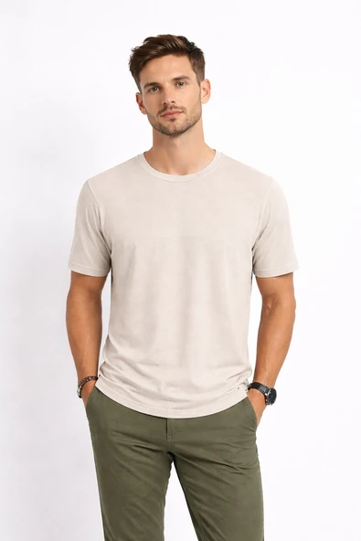 Cazador Erkek Bisiklet Yaka Kendinden Desenli T shirt 44420 Kum ürün görseli 1