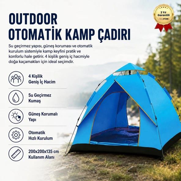 Outdoor Otomatik Kamp Çadırı 200x200x135 cm Su Geçirmez Güneş Korumalı Kolay Kurulum 4 Kişilik ürün görseli 1