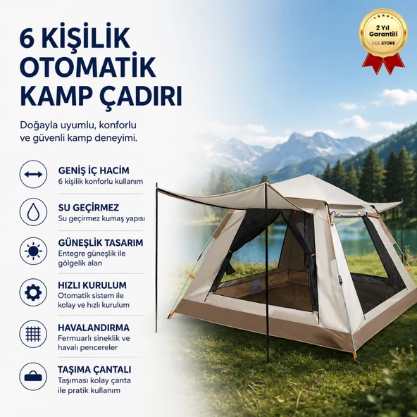 Su Geçirmez & Güneşlikli 6 Kişilik Otomatik Kamp Çadırı ürün görseli 1
