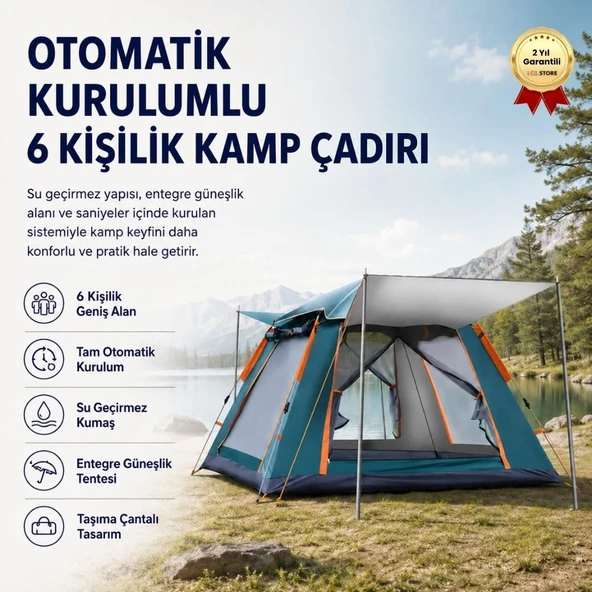 Otomatik Kurulumlu, Su Geçirmez & Güneşlikli 6 Kişilik Kamp Çadırı ürün görseli 1