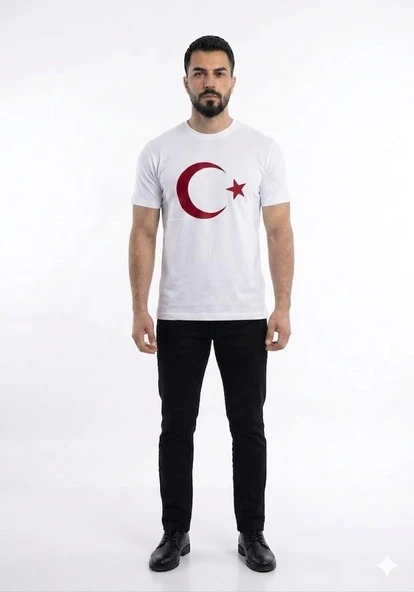 Erkek Ay Yıldızlı Türk Bayraklı Kısa Kol Tişört Beyaz ürün görseli 1