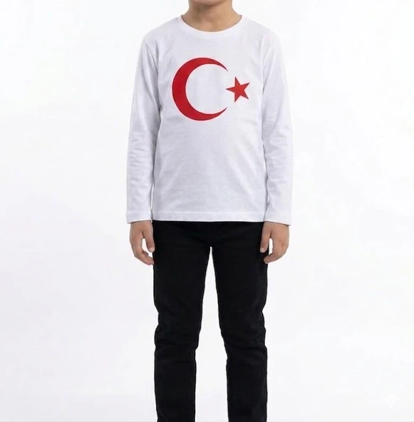Erkek Çocuk Ay Yıldız Türk Bayraklı Uzun Kollu Tişört Beyaz ürün görseli 1